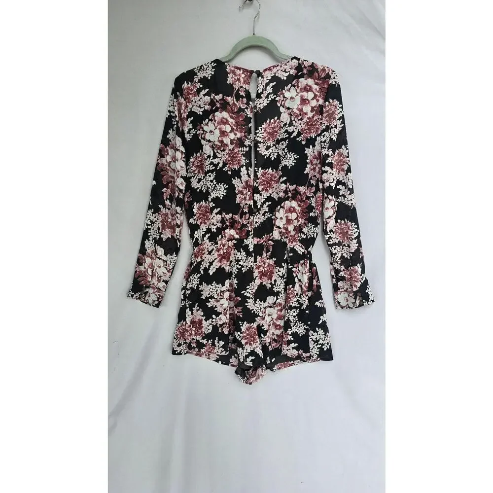 Free People Romper Womens Medium Black Floral Sheer Wrap Long Sleeve Buttons